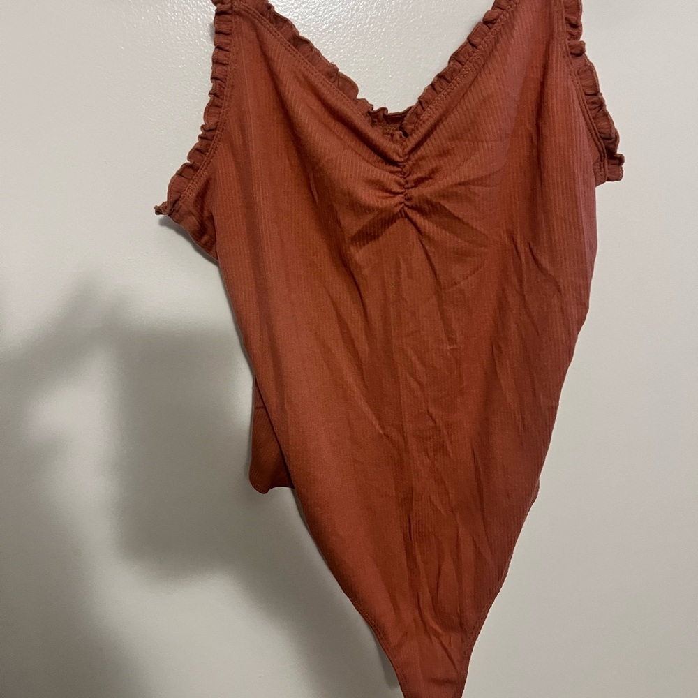 Volcom Brown Ruched Bodysuit with Tie Front